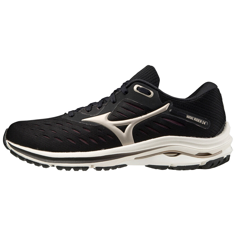 Womens Mizuno Wave Rider 24 Running Shoes Black/Gold Platinum Philippines (SNTMHQ576)